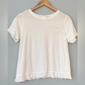 LC Lauren Conrad • Lettuce Hem Embroidered Pink Heart White T-shirt Top Small